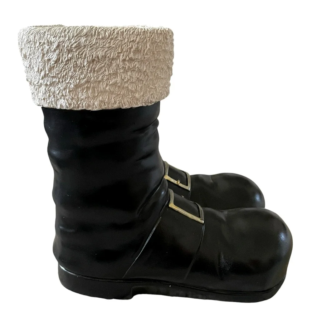 Santa Boots MERRY CHRISTMAS Container Planter Holiday Black Gold White Holiday